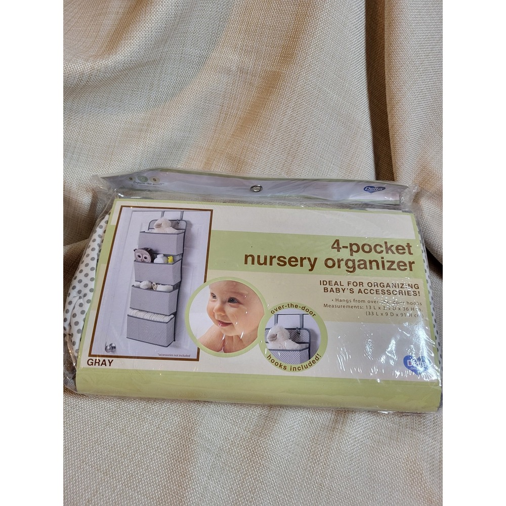 Delta Children 4-Pocket Nursery Organizer Over Door Gray White Polka Dot New